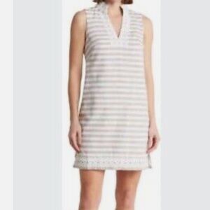 Eliza J Tan And White Striped Linen Shift White Crochet Trim